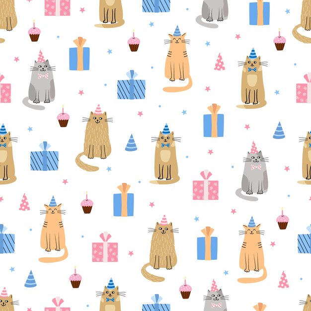 Seamless pattern with cats and gift boxes