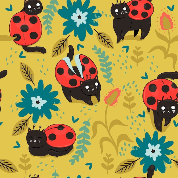 Vector seamless pattern with cats - ladybirds.