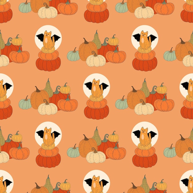 Seamless pattern with cats. Pattern with pumpkins. Halloween, flowers, cat, autumn, leaves.