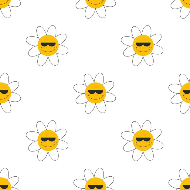 Seamless pattern with chamomile flowers on white background Funny cartoon flower Good vibes