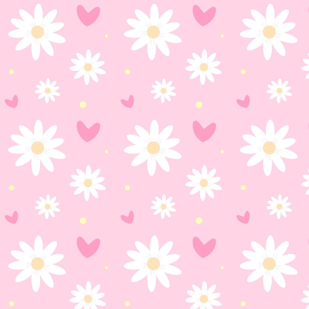 Vector seamless pattern with chamomiles hearts and dots on pink background