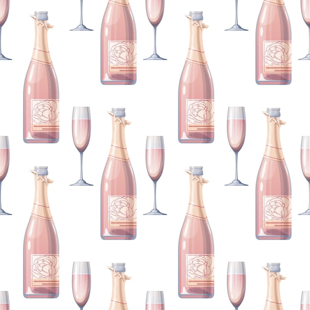 Vector seamless pattern with champagne bottle and glass rose sparkling wine texture with alcoholic drink suitable for fabric wallpaper paper