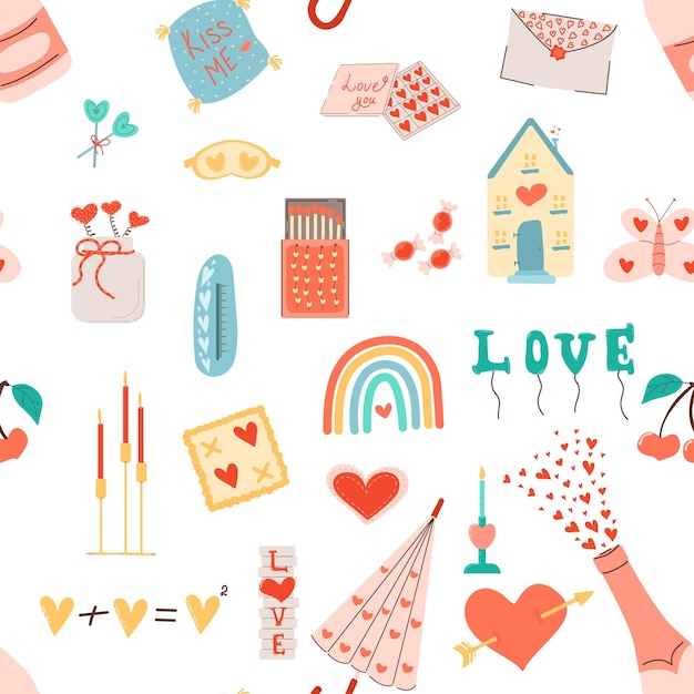 Vector seamless pattern with champagne sweets umbrella candles valentines daygreat for fabrics wrapping