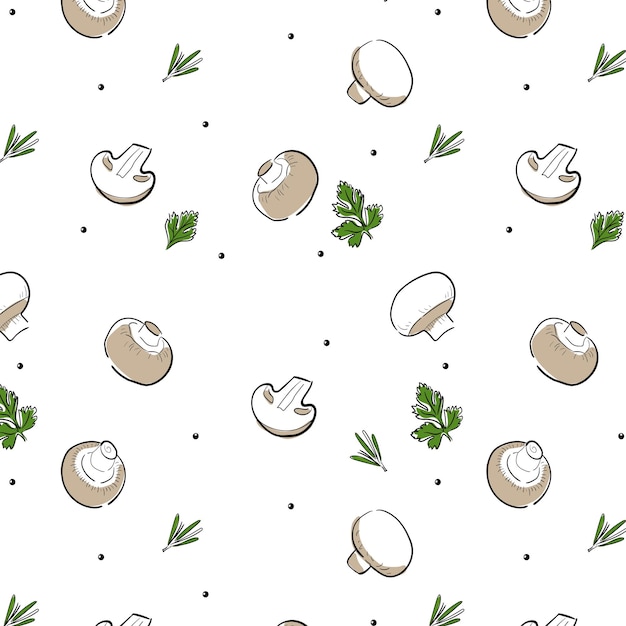 Seamless pattern with champignon mushrooms in a handdrawn style