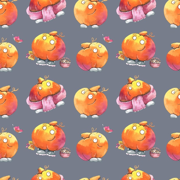 Seamless pattern with characters hand drawn watercolor pumpkin set isolated on gray background