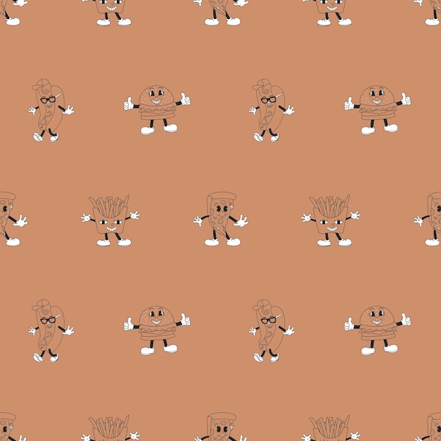 Seamless pattern with characters mascots burger pizza hot dog