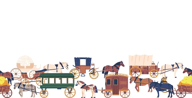 Вектор Бесшовный узор с очаровательными конными транспортными средствами, добавляющими нотку винтажной элегантности и ностальгии к любому дизайну или проекту плитка фона с тележками и вагонами мультфильм векторная иллюстрация