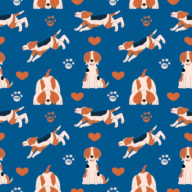 Modello senza cuciture con allegro beagle emotivo illustrazione vettoriale in uno stile piatto