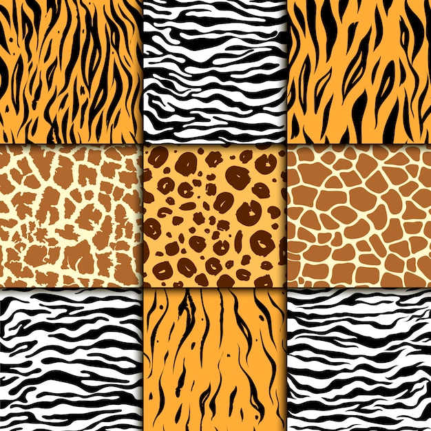 Modello senza cuciture con stampa di animali esotici pelle di ghepardo, zebra e tigre, leopardo e giraffa.