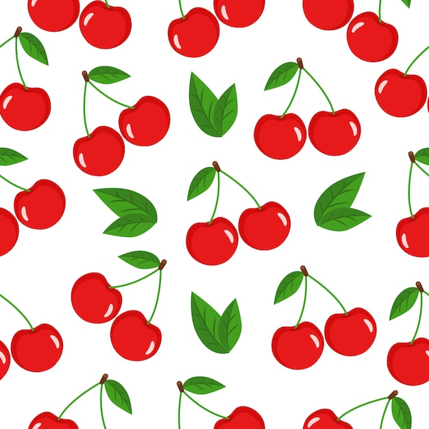 Seamless pattern with cherries and leaves on a white background