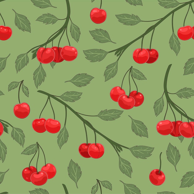 Бесшовный рисунок с вишневыми ветвями и ягодами Векторная графика
