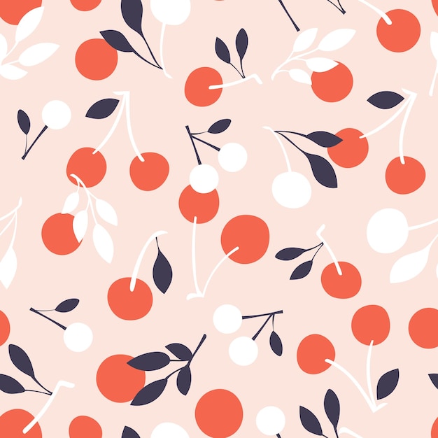Vector seamless pattern with cherry fruit and leaves on pink background cute cartoon fruit pattern flat design for fashion print