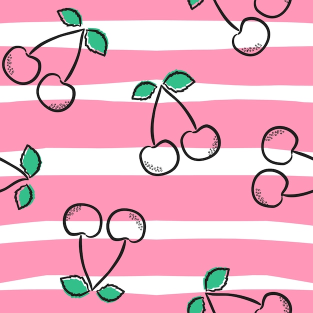 Seamless pattern with cherry on strip background.