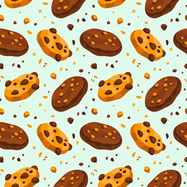 Seamless pattern with chewy chocolate cookies with chips and crumbs