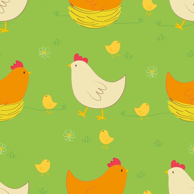 Vector a seamless pattern with chickens and chicks in nests in cartoon style