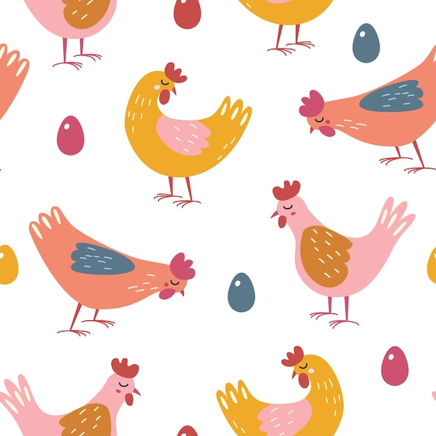 Seamless pattern with chickens and colorful eggs