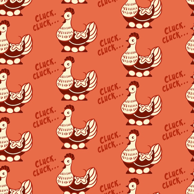 Seamless pattern with chickens and the words cluck cluck