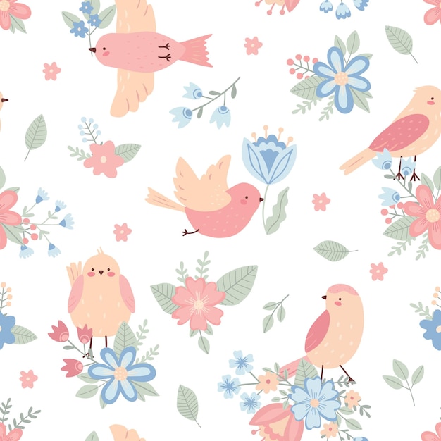 Seamless pattern with childish birds and flowers on a white background Cute vector illustration in pastel colors with floral elements for design fabric and textiles