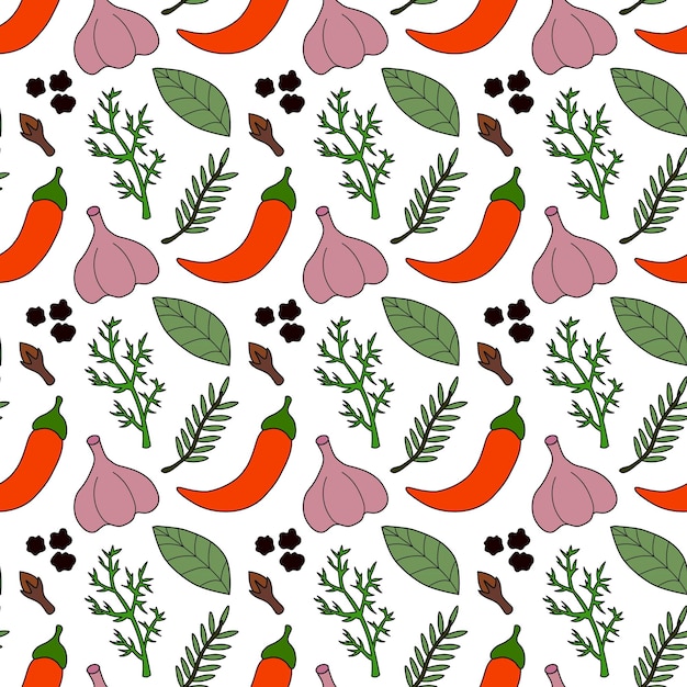 Vector seamless pattern with chili bay leaf dill black pepper garlic rosemary clove spices condiments