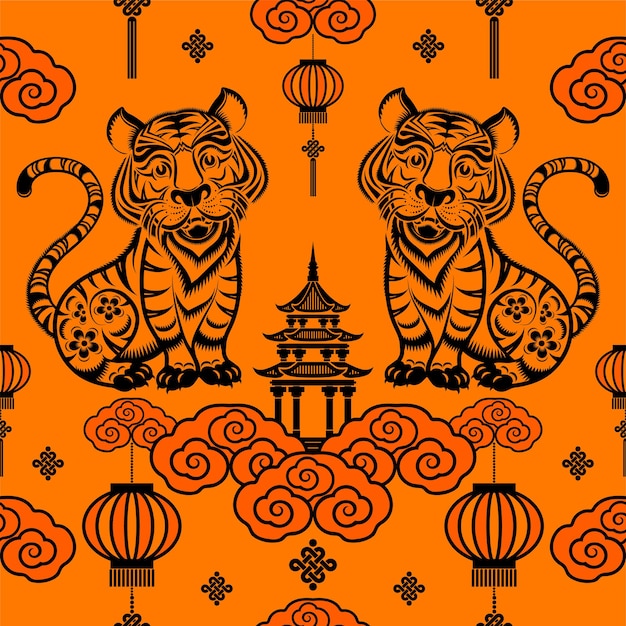 Seamless pattern with chinese new year 2022 zodiac year of the tiger sign with asian elements.