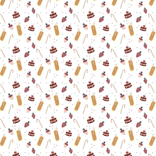 Seamless pattern with chocolate-covered strawberries, a delicious drink, a cocktail straw and a cake. hand drawn style. vector repeat background for fabric.