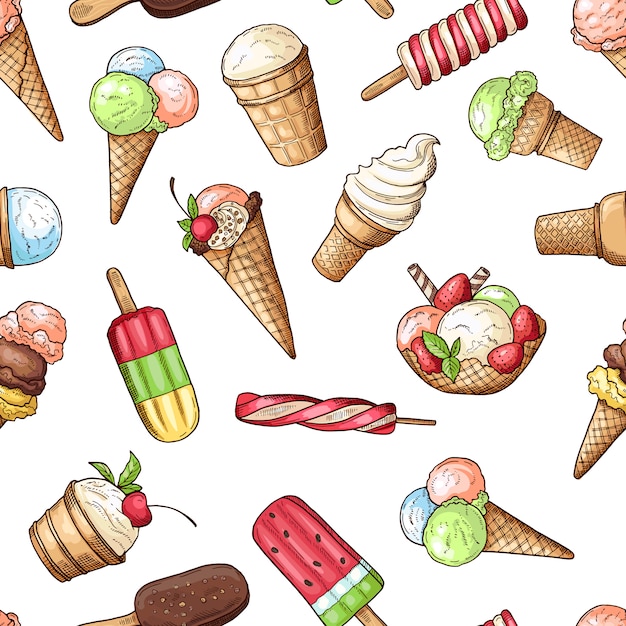 Бесшовные с шоколадным мороженым и сладкой пищи десерт, шоколад и ванильное мороженое. Векторная иллюстрация