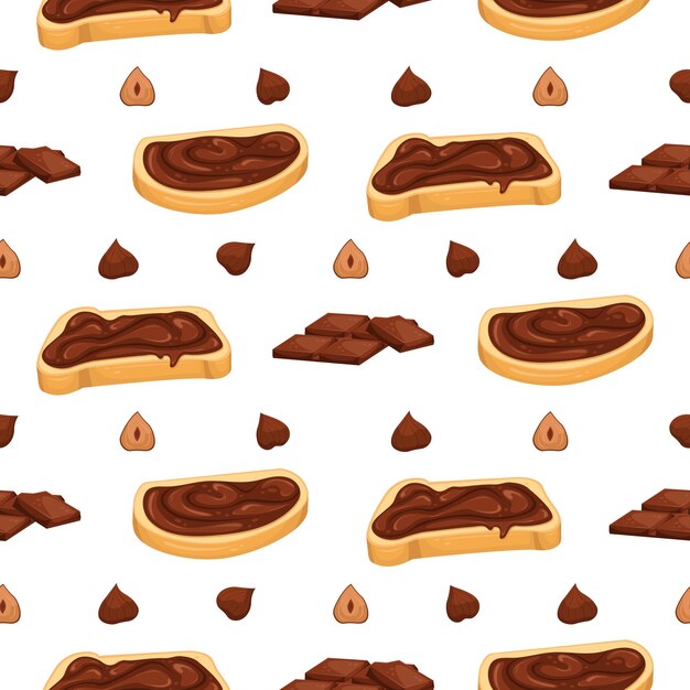 Seamless pattern with chocolate paste, chocolate and nut sandwiches