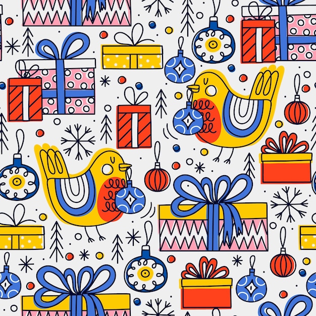 벡터 크리스마스 싸구려 선물 및 새와 함께 완벽 한 패턴