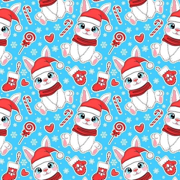 seamless pattern with christmas candy cane caramel, banny and snowflakes, endless background