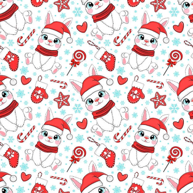 seamless pattern with christmas candy cane caramel, banny and snowflakes, endless background