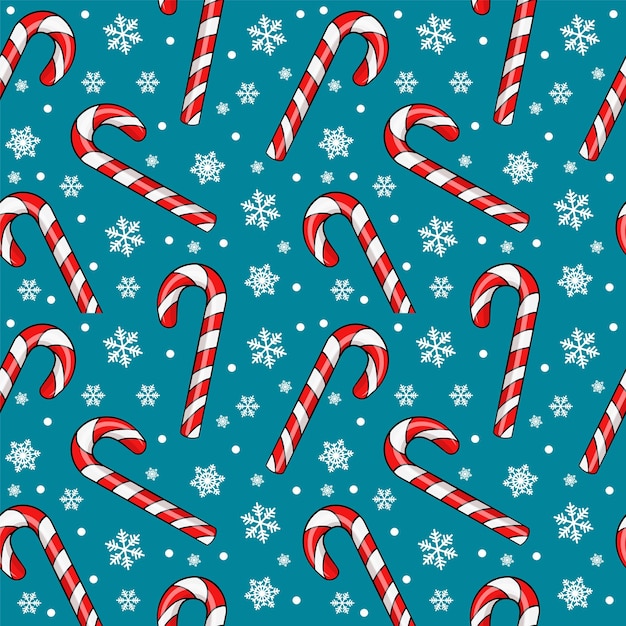 Vector seamless pattern with christmas candy cane caramel and snowflakes, endless background