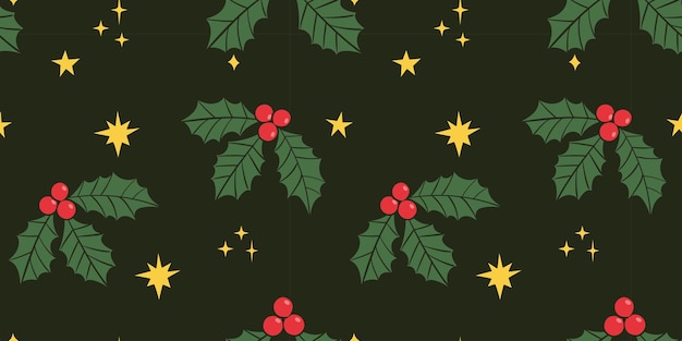 Seamless pattern with Christmas cherries and stars Vector illustration doodles