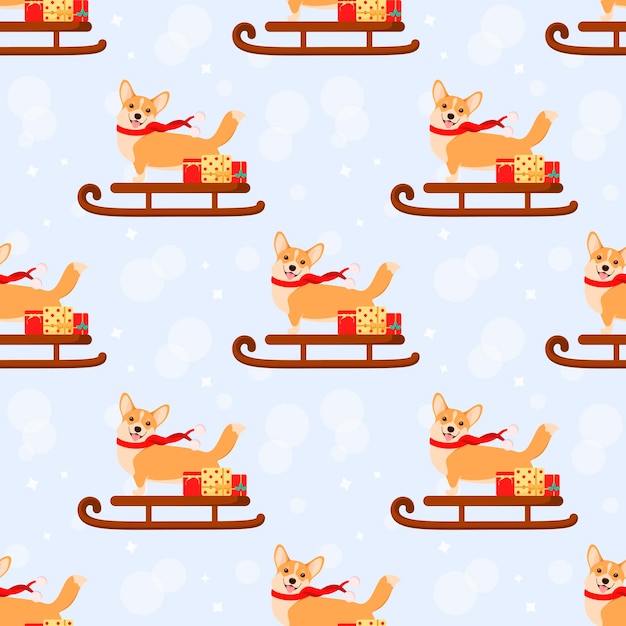 Seamless pattern with Christmas corgi. Cartoon design.