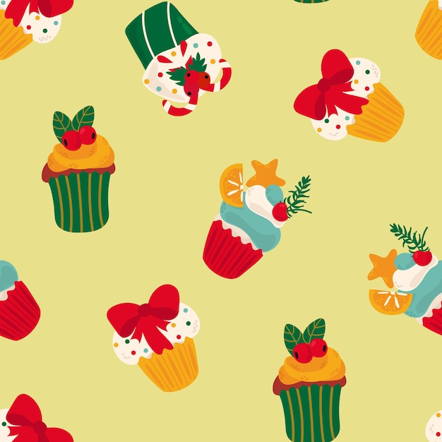 Seamless pattern with Christmas cupcakes. Design for fabric, textile, wallpaper, packaging, wrapping