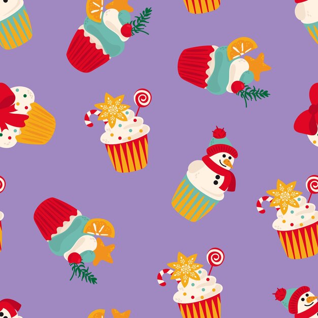 Seamless pattern with Christmas cupcakes. Design for fabric, textile, wallpaper, packaging, wrapping