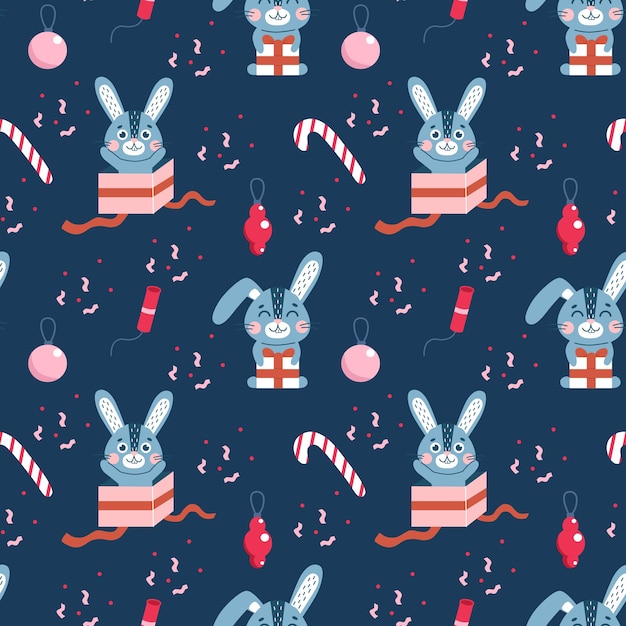 Бесшовный узор с рождественским набором милых кроликов Зимний заяц символ 2023 года Новогодний талисман Милый ветор плоский персонаж животного С китайским Новым годом