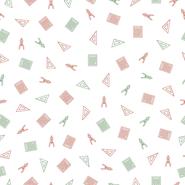 Seamless pattern with Christmas decoration. Green and red school supplies pattern.