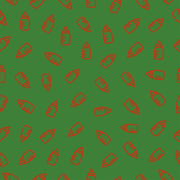 Seamless pattern with Christmas decoration. Red baby bottles on green background.