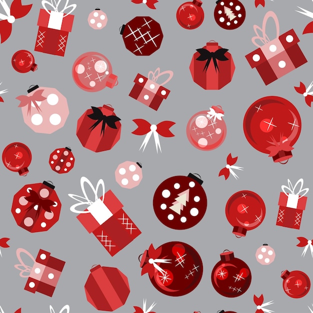 Seamless pattern with Christmas decorations gifts and bows Pattern for wrapping paper napkins Christmas packaging Vector illustration