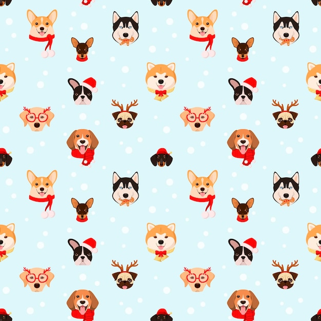 Seamless pattern with christmas dog heads. cartoon design.