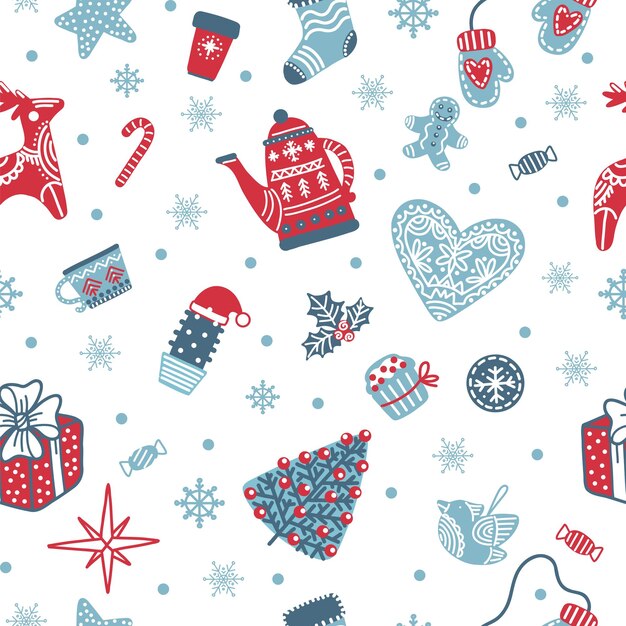 Vector seamless pattern with christmas doodle elements on a white background vector illustration