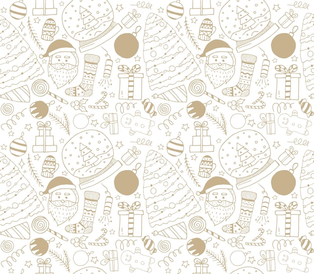 Seamless pattern with christmas elements New Year and Christmas vector illustration Print in gold and white colors for winter celebration