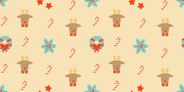 Seamless pattern with Christmas elements Repeatable pattern design for winter holidays in retro style For wrapping paper wallpaper textile poster background Vector illustration