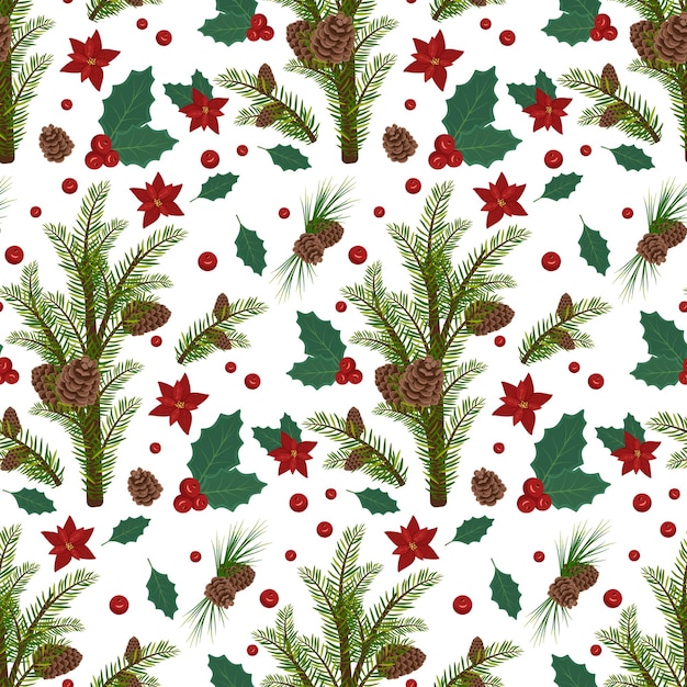 Seamless pattern with christmas fir or pine branches with brown cones and red poinsettia flower fest...