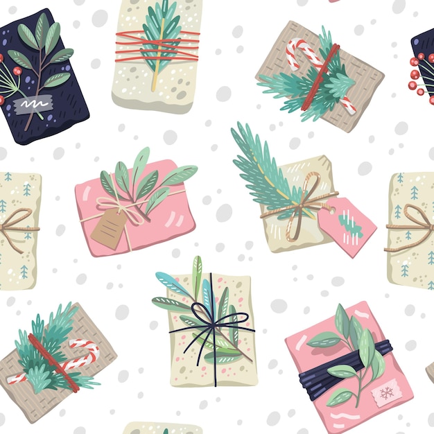 Vector seamless pattern with christmas gifts, decorated with plants, ribbons and recycled wrapping paper