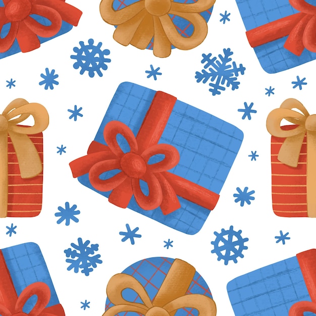 Seamless pattern with christmas gifts and snowflakes