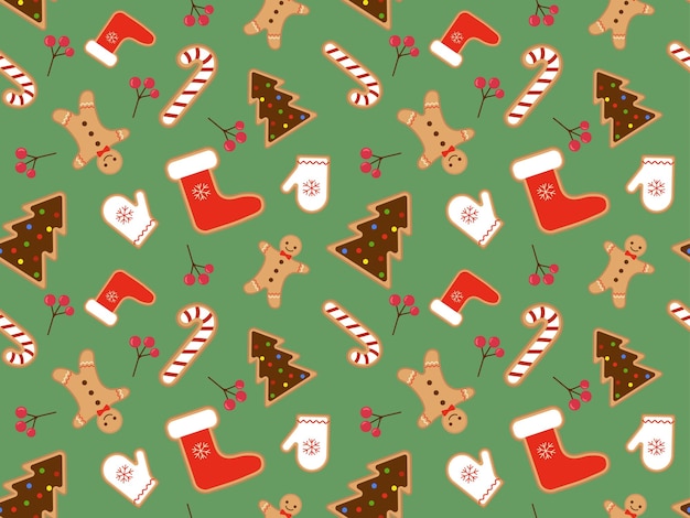 赤いベリーの緑の背景にクリスマスのジンジャーブレッドクッキーでシームレスなパターンベクトル