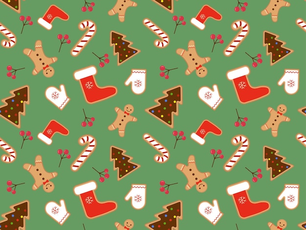 Seamless pattern with Christmas gingerbread cookies on a green background with red berries Vector