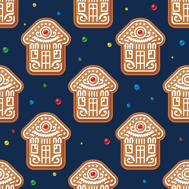 Seamless pattern with christmas gingerbread house on blue vector illustration