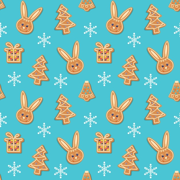 Seamless pattern with Christmas gingerbread rabbit fir tree bell gift box and snowflakes